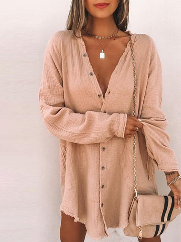 Woochic mi-longue blouse robe bohème boutonnage lin v-cou femme casual chemisier Abricot S